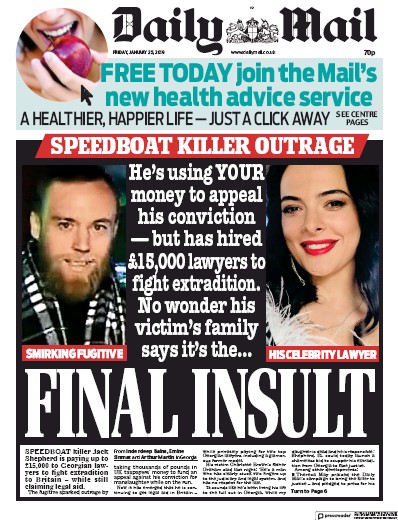 Daily Mail Newspaper Front Page for 25 January 2019