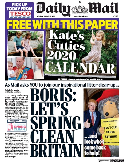 Daily Mail Newspaper Front Page for 25 January 2020