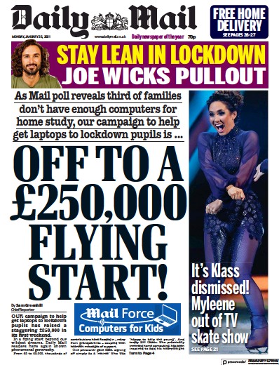 Daily Mail Newspaper Front Page for 25 January 2021