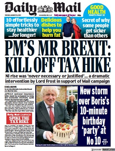 Daily Mail (UK) Newspaper Front Page for 25 January 2022