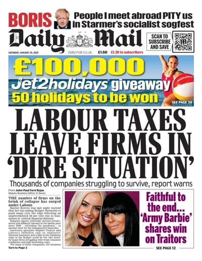 Daily Mail (UK) Newspaper Front Page for 25 January 2025