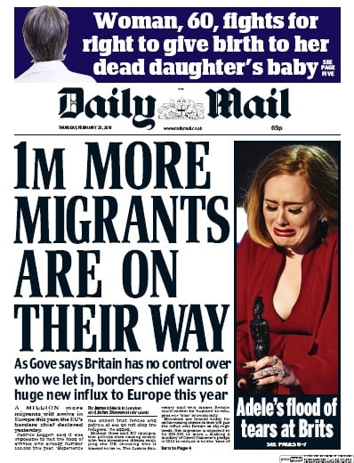 Daily Mail Newspaper Front Page for 25 February 2016