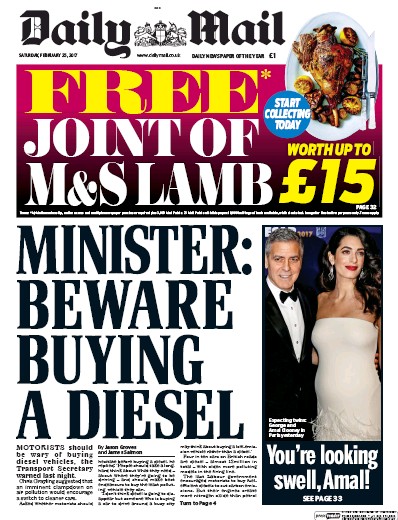 Daily Mail Newspaper Front Page for 25 February 2017