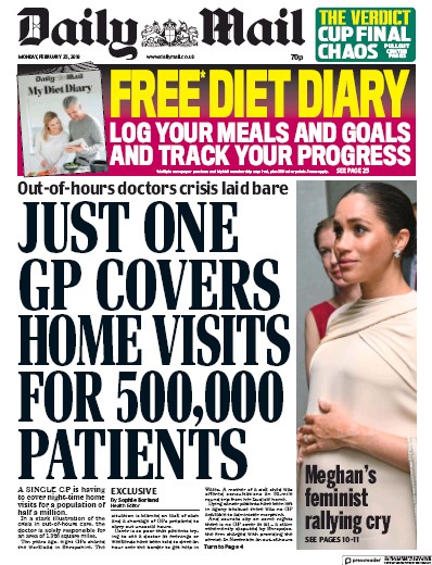 Daily Mail Newspaper Front Page for 25 February 2019