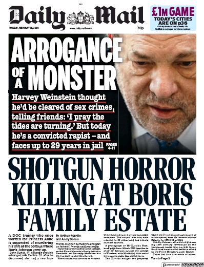Daily Mail Newspaper Front Page for 25 February 2020