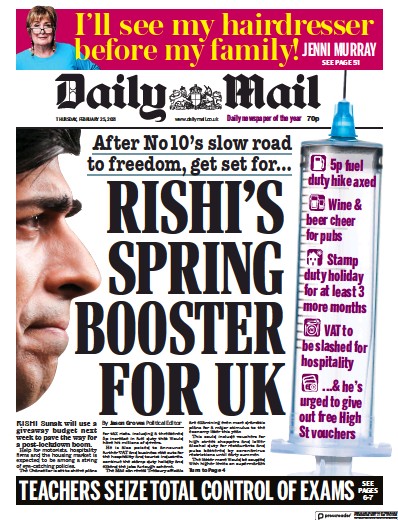Daily Mail Newspaper Front Page for 25 February 2021