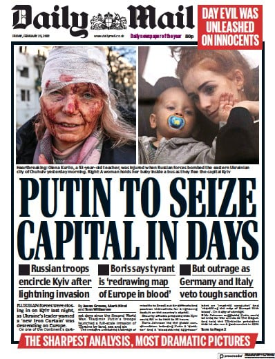 Daily Mail Newspaper Front Page for 25 February 2022