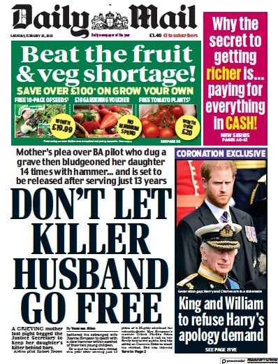 Daily Mail (UK) Newspaper Front Page for 25 February 2023