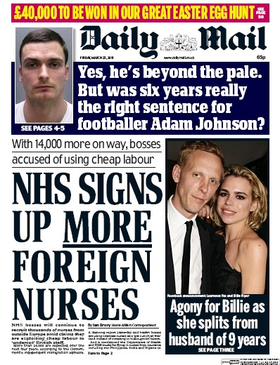 Daily Mail Newspaper Front Page for 25 March 2016