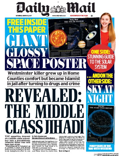 Daily Mail Newspaper Front Page for 25 March 2017
