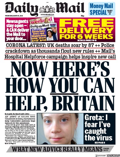 Daily Mail (UK) Newspaper Front Page for 25 March 2020