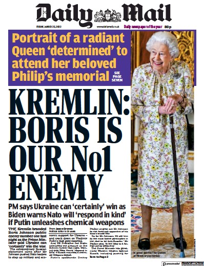 Daily Mail Newspaper Front Page for 25 March 2022