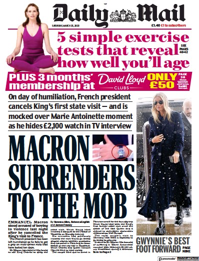 Daily Mail (UK) Newspaper Front Page for 25 March 2023