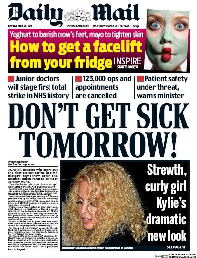 Daily Mail Newspaper Front Page for 25 April 2016