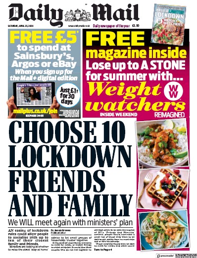 Daily Mail Newspaper Front Page for 25 April 2020