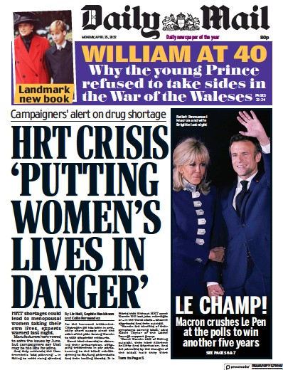 Daily Mail Newspaper Front Page for 25 April 2022