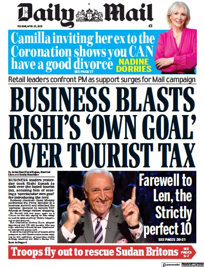 Daily Mail (UK) Newspaper Front Page for 25 April 2023