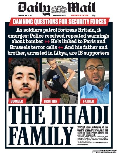 Daily Mail Newspaper Front Page for 25 May 2017