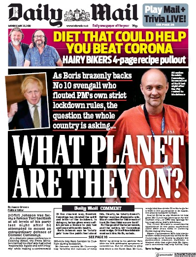 Daily Mail Newspaper Front Page for 25 May 2020