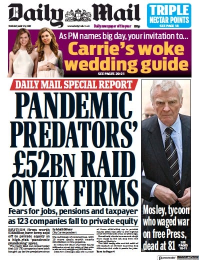 Daily Mail Newspaper Front Page for 25 May 2021