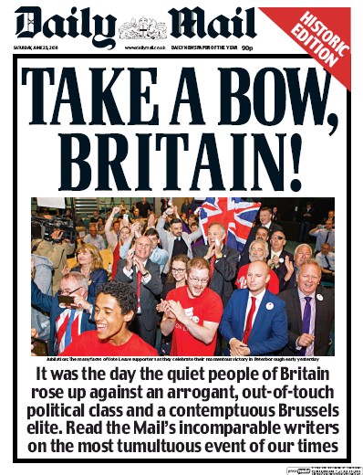 Daily Mail (UK) Newspaper Front Page for 25 June 2016