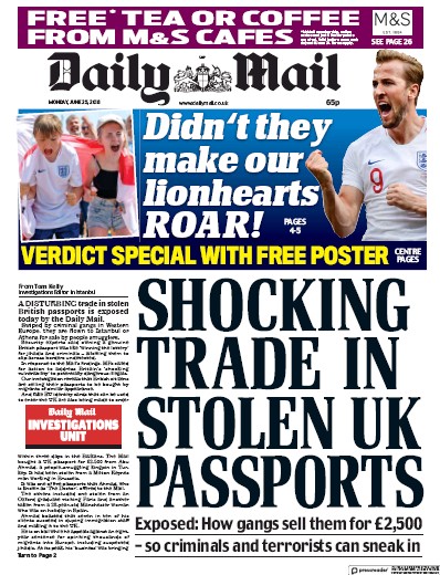 Daily Mail Newspaper Front Page for 25 June 2018