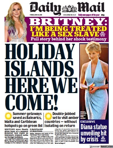 Daily Mail (UK) Newspaper Front Page for 25 June 2021