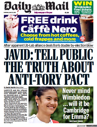 Daily Mail (UK) Newspaper Front Page for 25 June 2022