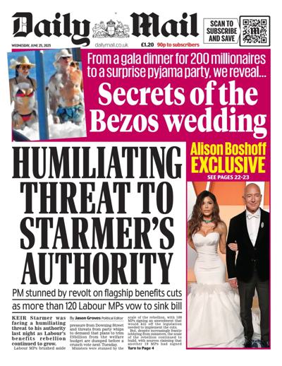 Daily Mail (UK) Newspaper Front Page for 25 June 2025