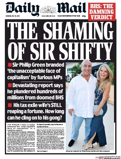 Daily Mail Newspaper Front Page for 25 July 2016