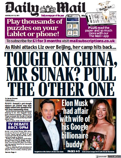 Daily Mail Newspaper Front Page for 25 July 2022