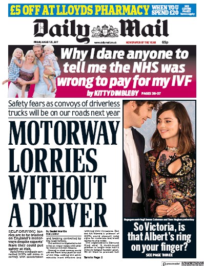 Daily Mail (UK) Newspaper Front Page for 25 August 2017