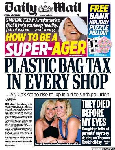 Daily Mail Newspaper Front Page for 25 August 2018