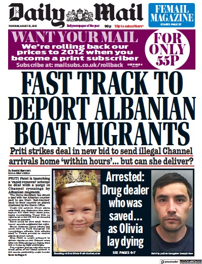 Daily Mail (UK) Newspaper Front Page for 25 August 2022