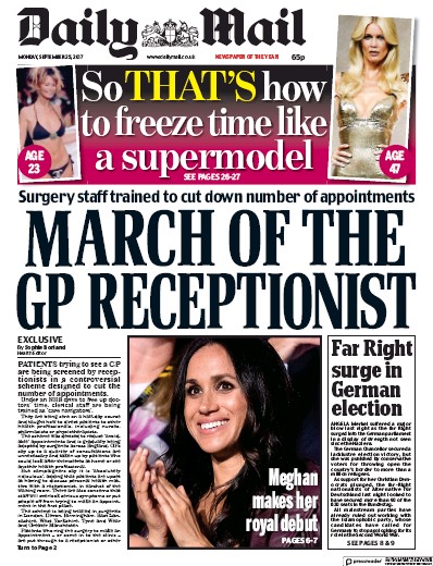 Daily Mail Newspaper Front Page for 25 September 2017