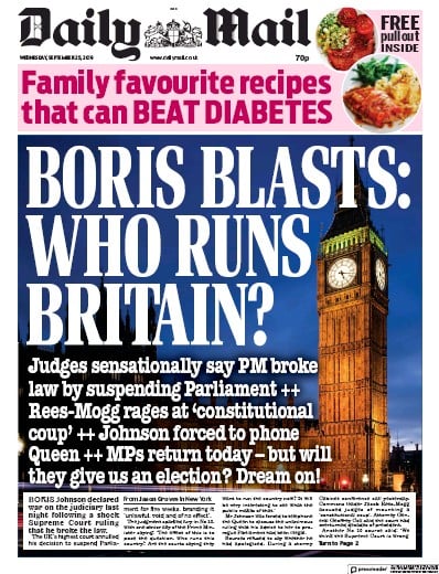Daily Mail Newspaper Front Page for 25 September 2019