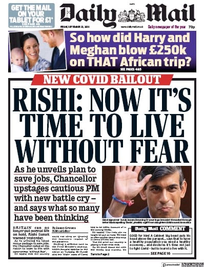 Daily Mail Newspaper Front Page for 25 September 2020