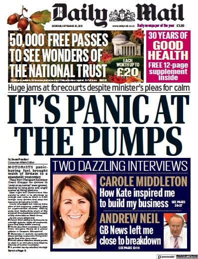 Daily Mail (UK) Newspaper Front Page for 25 September 2021