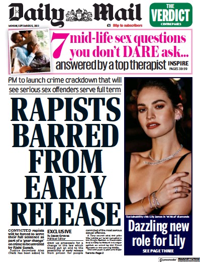 Daily Mail Newspaper Front Page for 25 September 2023
