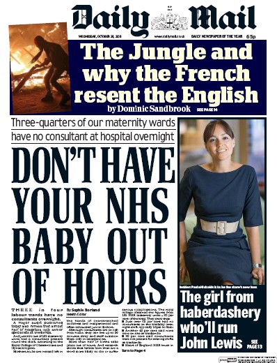 Daily Mail Newspaper Front Page for 26 October 2016