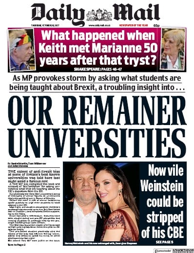 Daily Mail Newspaper Front Page for 26 October 2017