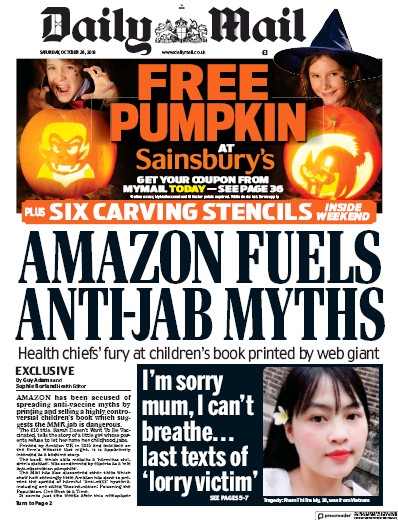 Daily Mail Newspaper Front Page for 26 October 2019