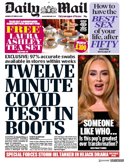 Daily Mail Newspaper Front Page for 26 October 2020