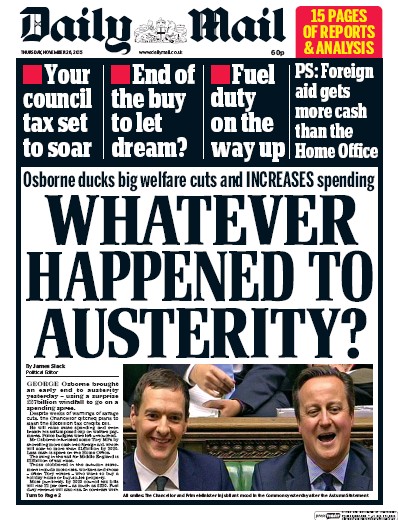 Daily Mail Newspaper Front Page for 26 November 2015