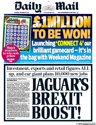 Daily Mail Newspaper Front Page for 26 November 2016