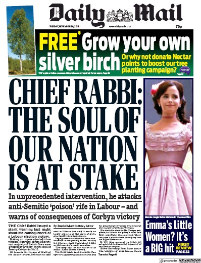 Daily Mail Newspaper Front Page for 26 November 2019
