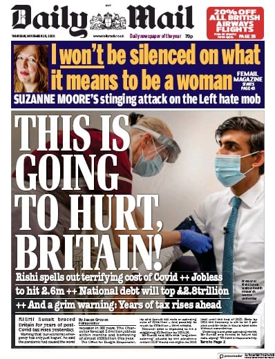 Daily Mail Newspaper Front Page for 26 November 2020