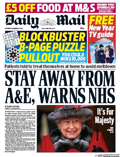 Daily Mail Newspaper Front Page for 26 December 2015