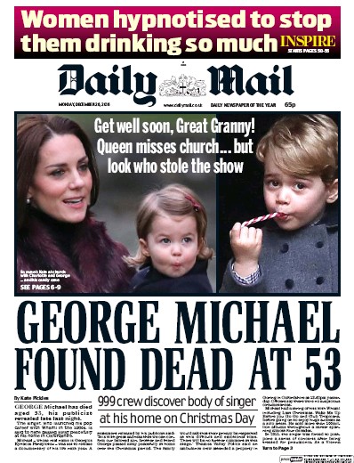 Daily Mail Newspaper Front Page for 26 December 2016