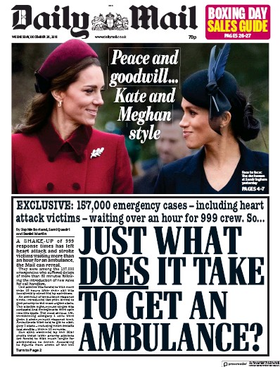 Daily Mail Newspaper Front Page for 26 December 2018